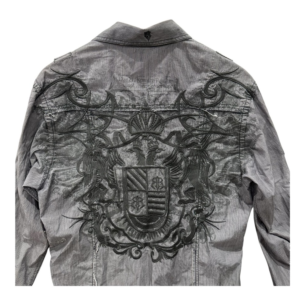 Roar Mens M Gothic Embroidered Crest Button Up Shirt Grey Stripe Y2K Streetwear